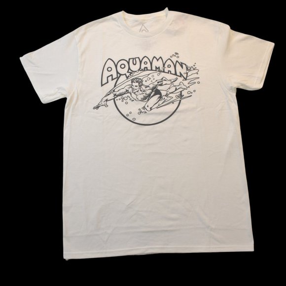 Bioworld Aquaman Superhero Dive Men's Retro Graphic White T-Shirt New - Picture 1 of 4